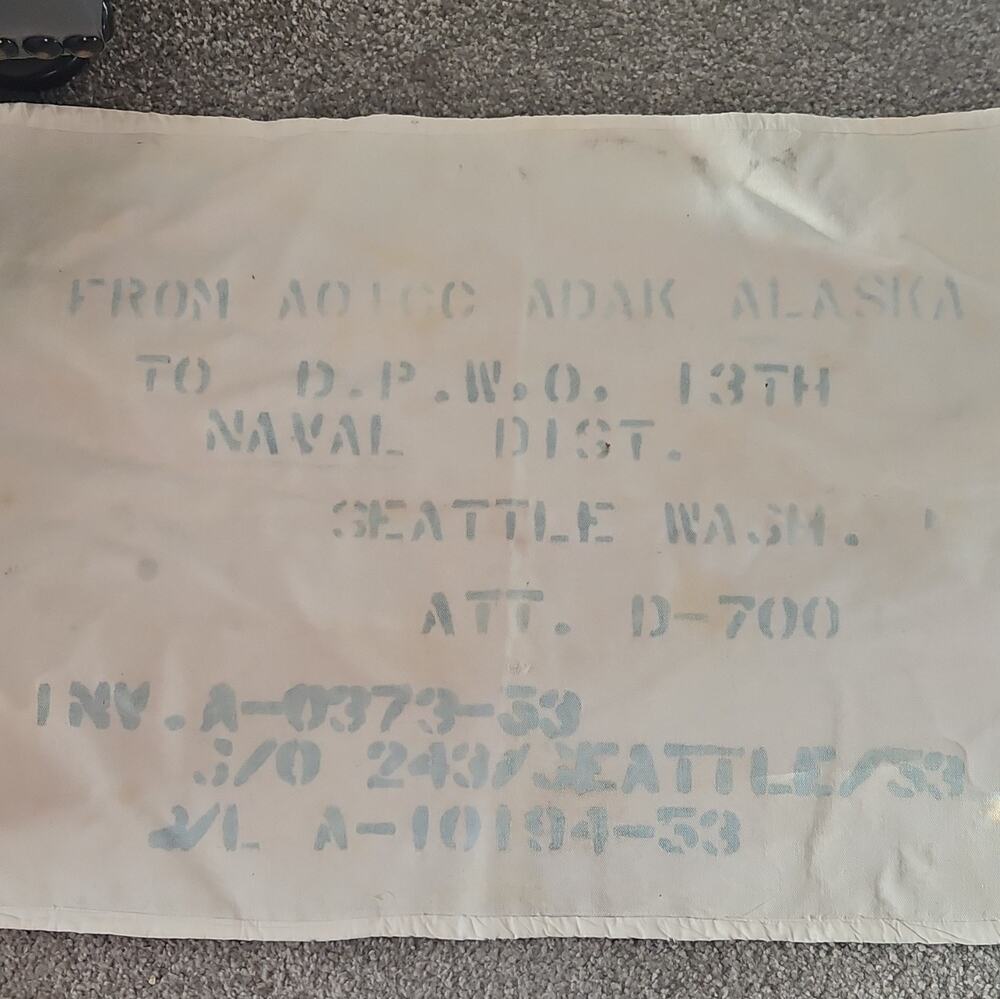 Vintage 1953 US Navy Canvas Shipping Wrapper Panel Adak Alaska 13th Dist Seattle